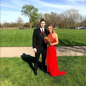 PEACHES BOUTIQUE— red lace prom dress, A-line